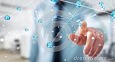 Businesman using flying network balls connection 3D rendering Stock Photo