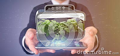 Businesmann holding a Digital vegetal plant connected Stock Photo