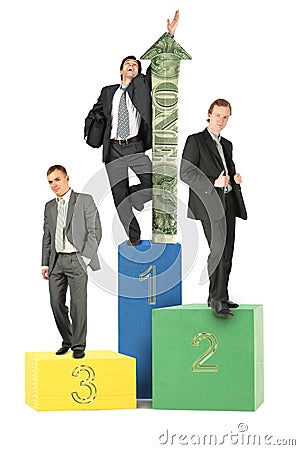 Businesmen on wood toy blocks with dollar arrow Stock Photo