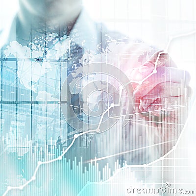 Business abstract background double exposure graph, chart and diagram. World wide map and. Global business and financial trading Stock Photo