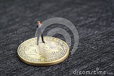 Business accept decision, investment risk, career or opportunity option in life to choose concept, miniature businessman thinking Stock Photo