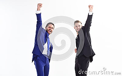 Business achievement concept. Business success. Office party. Celebrate successful deal. Men happy emotional celebrate Stock Photo