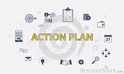Business action plan concept with icon set with big word or text on center Vector Illustration