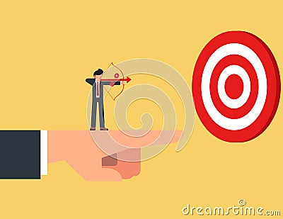 Business advantage or efficiency. businessman Stand and holding a bow on the giant hand pointing to the target, business direction Vector Illustration