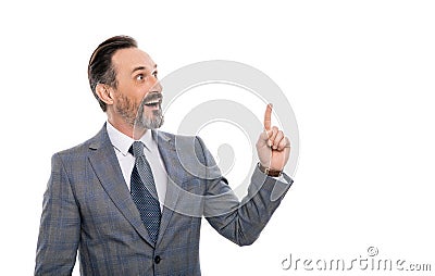 Business advertisement. Business man in suit isolated on white. Advertisement and announcement. Business offer Stock Photo