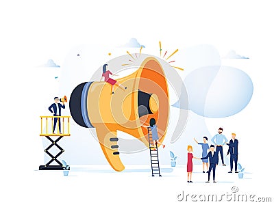 Business Advertising Promotion. Loudspeaker Talking to the Crowd. Big Megaphone and Flat People Characters Advertisement Vector Illustration