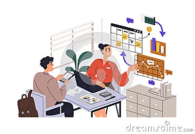 Business advisor, financial expert with client in office. Bank worker, finance adviser consulting customer on Vector Illustration