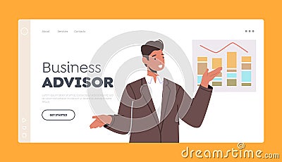 Business Advisor Landing Page Template. Online Virtual Conference, Meeting or Seminar with Trainer Giving Information Vector Illustration