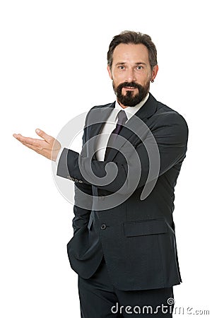 Business advisor manager show direction. Look at that statistics financial data. Pointing at business advertisement. Man Stock Photo