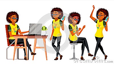 Business African Black Woman Character Vector. Female In Different Poses. Clerk In Office Clothes. Designer, Manager Vector Illustration