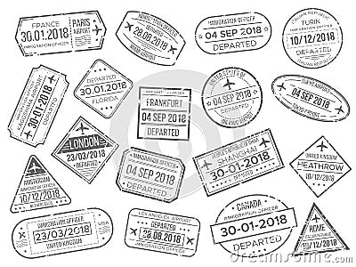 Business airport cachet mark and customs passports control stamp. Foreign travel and immigration passport official Vector Illustration