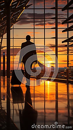 Business airport concept Silhouettes of a businessman with his suitcase, waiting for a plane Stock Photo