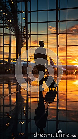 Business airport concept Silhouettes of a businessman with his suitcase, waiting for a plane Stock Photo