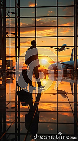 Business airport concept Silhouettes of a businessman with his suitcase, waiting for a plane Stock Photo