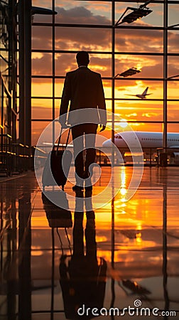 Business airport concept Silhouettes of a businessman with his suitcase, waiting for a plane Stock Photo