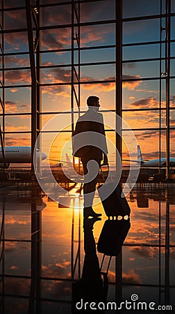 Business airport concept Silhouettes of a businessman with his suitcase, waiting for a plane Stock Photo