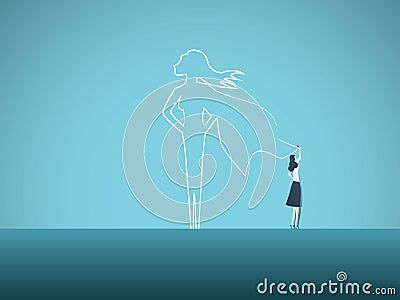 Business ambition and motivation vector concept with businesswoman drawing superhero on wall. Symbol of confidence Vector Illustration