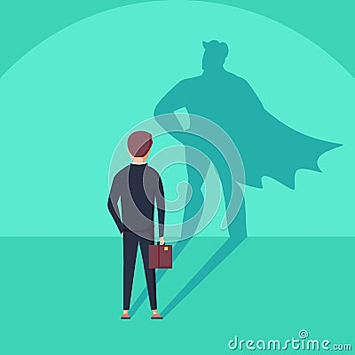 Business ambition and success concept. Businessman with superhero shadow as symbol of power, leadership. Cartoon Illustration
