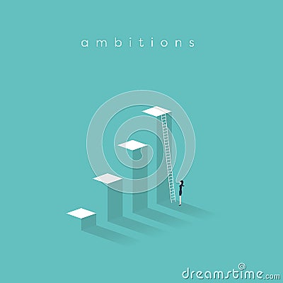 Business ambition, success and corporate ladder vector concept. Businesswoman standing in front of ladder trying to get Vector Illustration
