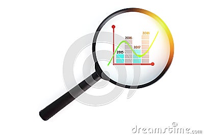 Business Analysis chart 2015 - 2018 with magnifying glass icon o Stock Photo