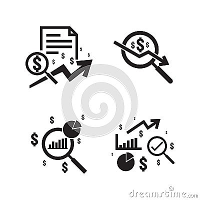 Business analysis icon. symbol with magnifying glass. dollar increase revenue. Money with arrow. finance cost. decrease rate econo Vector Illustration