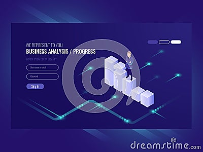 Business analysis and progress concpet, businessman, schedule of data, strategy isometric, chart moves up, vector Vector Illustration