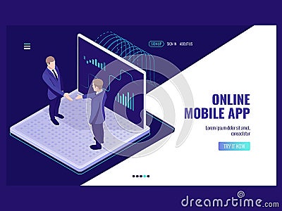 Business analysis and statistics icon, two businessmen deal, risk management, big data processing isometric vector dark Vector Illustration