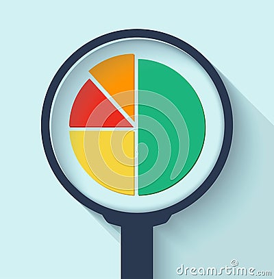 Business Analysis symbol with magnifying glass icon and pie chart. Vector Illustration
