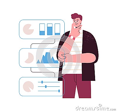 Business analyst analyzing data graphs. Analysis and logic thinking concept. Businessman with project analytics Vector Illustration