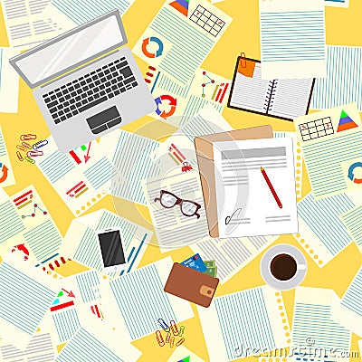 Seamless pattern. Office. Realistic workplace organization. The view from the top. Vector illustration Vector Illustration