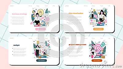 Business analyst web banner or landing page set. Financial operation Vector Illustration