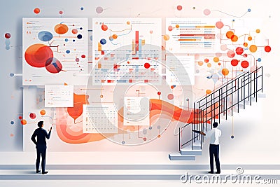 Business analysts, a man and a woman stand reviewing data on a large screen, Illustration style Stock Photo