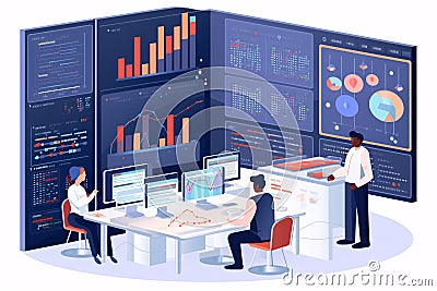 Business analysts, a man and a woman stand reviewing data on a large screen, Illustration style Stock Photo