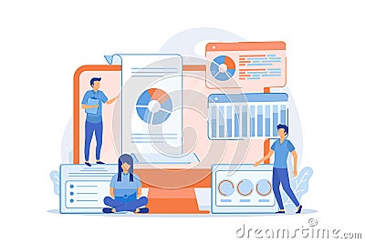 Business analysts performing idea management on computer screen. Vector Illustration