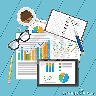 Business analytic concept. Planning and accounting, analysis, financial audit, seo analytics, working, management. Vector Illustration