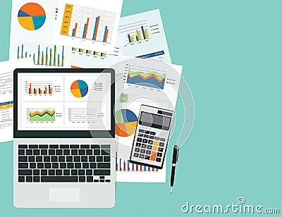 Business analytic graph in device with report paper concept Vector Illustration