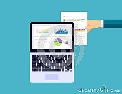 Business analytic graph in device with report paper concept Vector Illustration