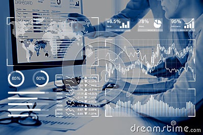 Business analytics dashboard reporting concept with KPI, people analyzing data Stock Photo