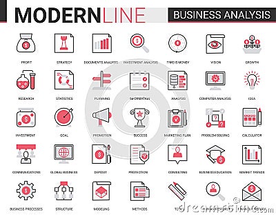 Business analytics flat thin red black line icons vector illustration set, businessman analyst tools for digital Vector Illustration