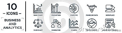 business.and.analytics linear icon set. includes thin line wave chart, chart pie, workplace, consulting, merge charts, binary data Vector Illustration