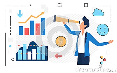 Business analytics process, finance strategy, businessman with telescope spyglass Vector Illustration