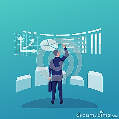 Business analytics. Workplace businessman, chart on big screen. Vector Illustration