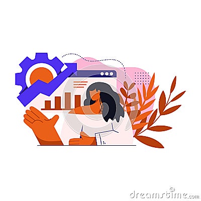 Business analyzing financial charts and graphs. report at laptop computer. Flat vector illustration isolated on white background Vector Illustration