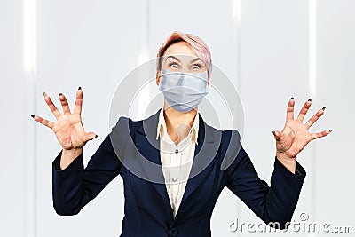 Business angry girl cry wearing protective face mask prevent virus infection, pollution Stock Photo