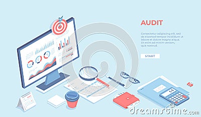 Business auditing Analysis Accounting Calculation Analytics. Monitor with charts graphs, documents, wallet, calculator, magnifying Vector Illustration