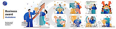 Business award isolated set. Businessman and businesswoman celebrate victory. People collection of scenes in flat design. Vector Vector Illustration