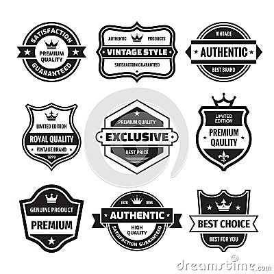 Business badges vector set in retro design style. Abstract logo. Premium quality. Satisfaction guaranteed. Best brand. Genuine Vector Illustration