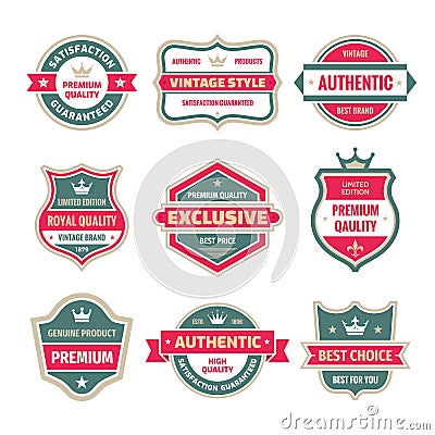 Business badges vector set in retro design style. Abstract logo. Premium quality. Satisfaction guaranteed. Best brand. Genuine Vector Illustration