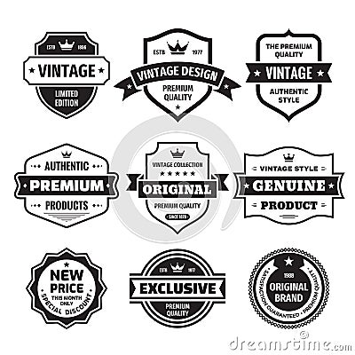 Business badges vector set in retro vintage design style. Abstract logo. Premium quality. Satisfaction guaranteed. Original brand. Vector Illustration