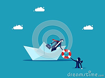 Business bankruptcy assistance concept. businessman on a paper boat and rescues a drowning woman Vector Illustration